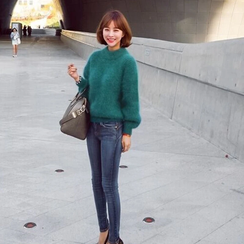 

2019 Autumn Winter Sweater Pullover Mohair Sweaters Women Fashion Lantern Full Sleeve Thicken Warm Female Turtleneck Casual Tops