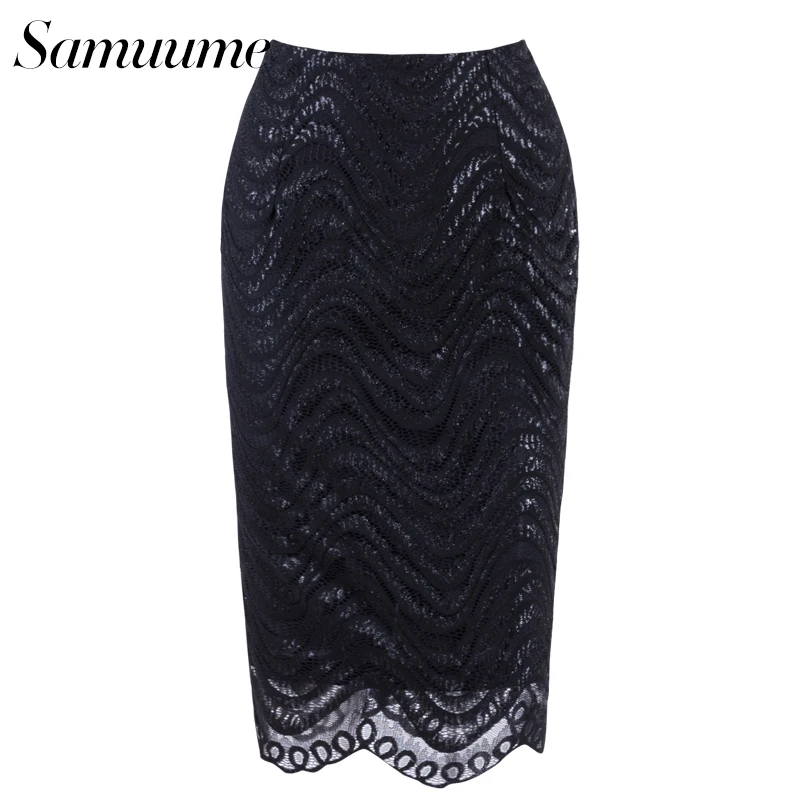 Samuume Высокая Талия Работа Bodycon юбка карандаш женские элегантные волна кружевные
