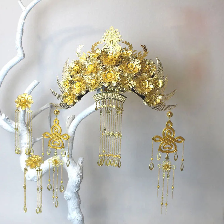 Золотистая тиара Hanfu с длинными кисточками для невесты |