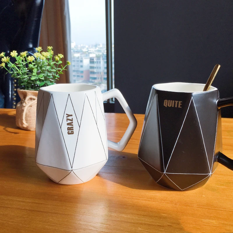 Nordic Ceramic Water Cup Simple Office Dormitory Personality Angle Geometry Line Creative Mark with spoon | Дом и сад