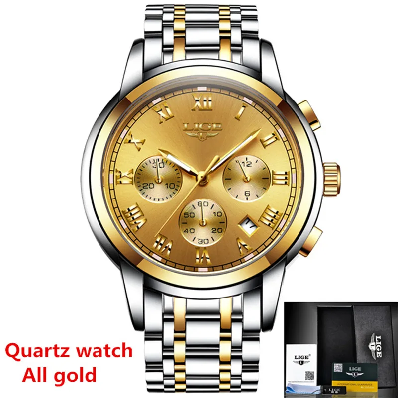 S All-gold Модные мужские часы LIGE Топ бренд класса люкс Tourbillon водонепроницаемые автоматические механические часы мужские спортивные часы из нержавеющей стали+ коробка - Цвет: S All-gold