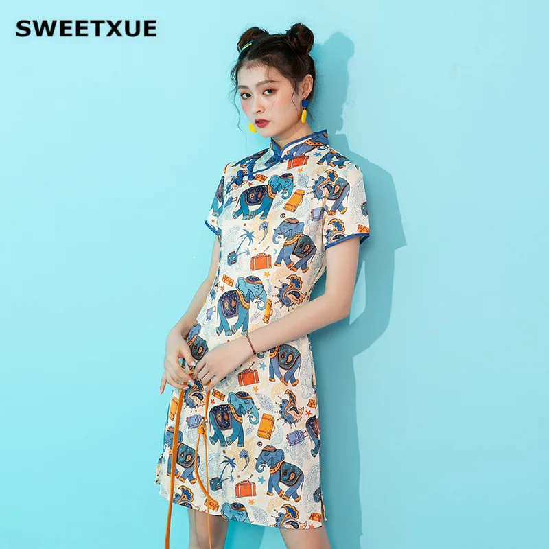 Литературное молодежное платье Ципао SWEETXUE в стиле ретро модифицированное мини с