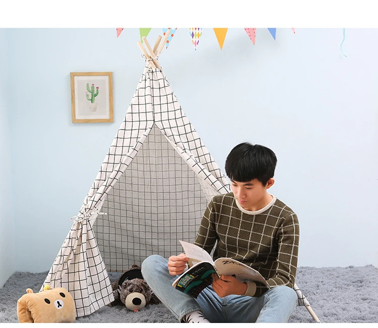 Игровой домик с ковриком для помещений и улицы, игрушка для мальчиков и девочек, подарок для малышей, Детская Вигвама, Игровая палатка, хлопок, холст, серая полоска, для детей, Типи