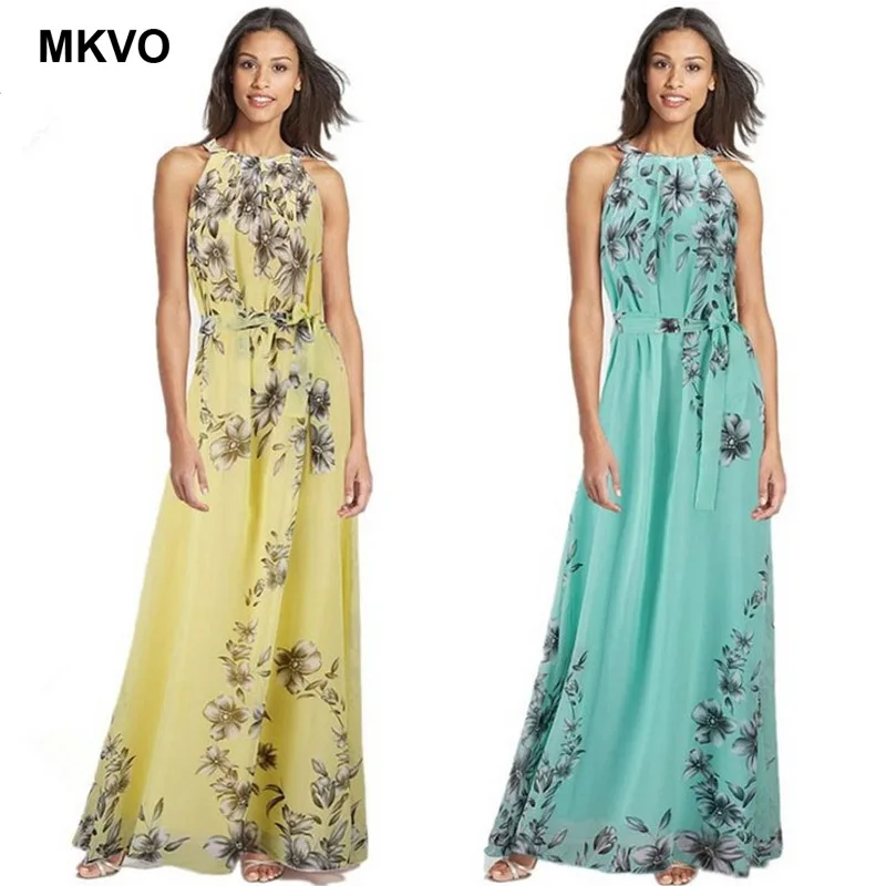 Boho Цветочный принт летнее платье Для женщин висит шеи миди без рукавов платья