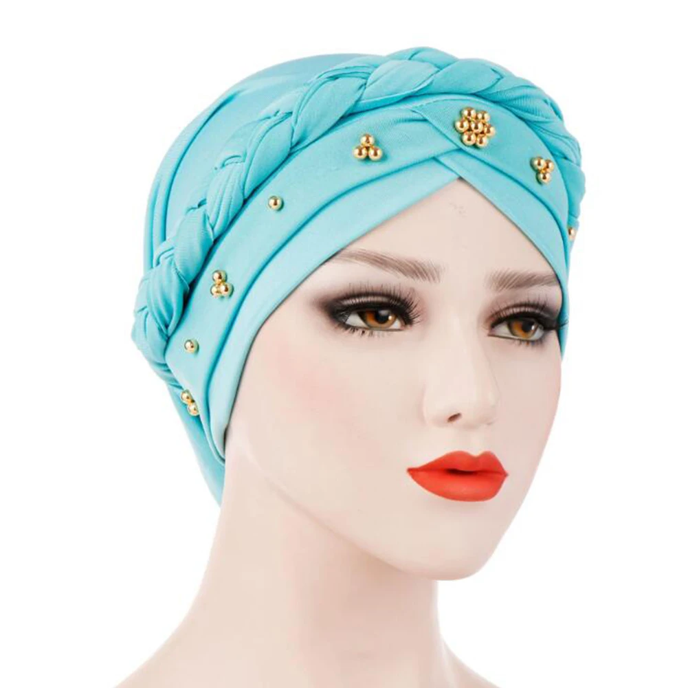 light blue Новинка года мусульманская шляпа элегантные капли кос тюрбан кепки для женщин Эластичность хлопок банданы женское украшение на голову Headscraf аксессуары для волос - Цвет: light blue