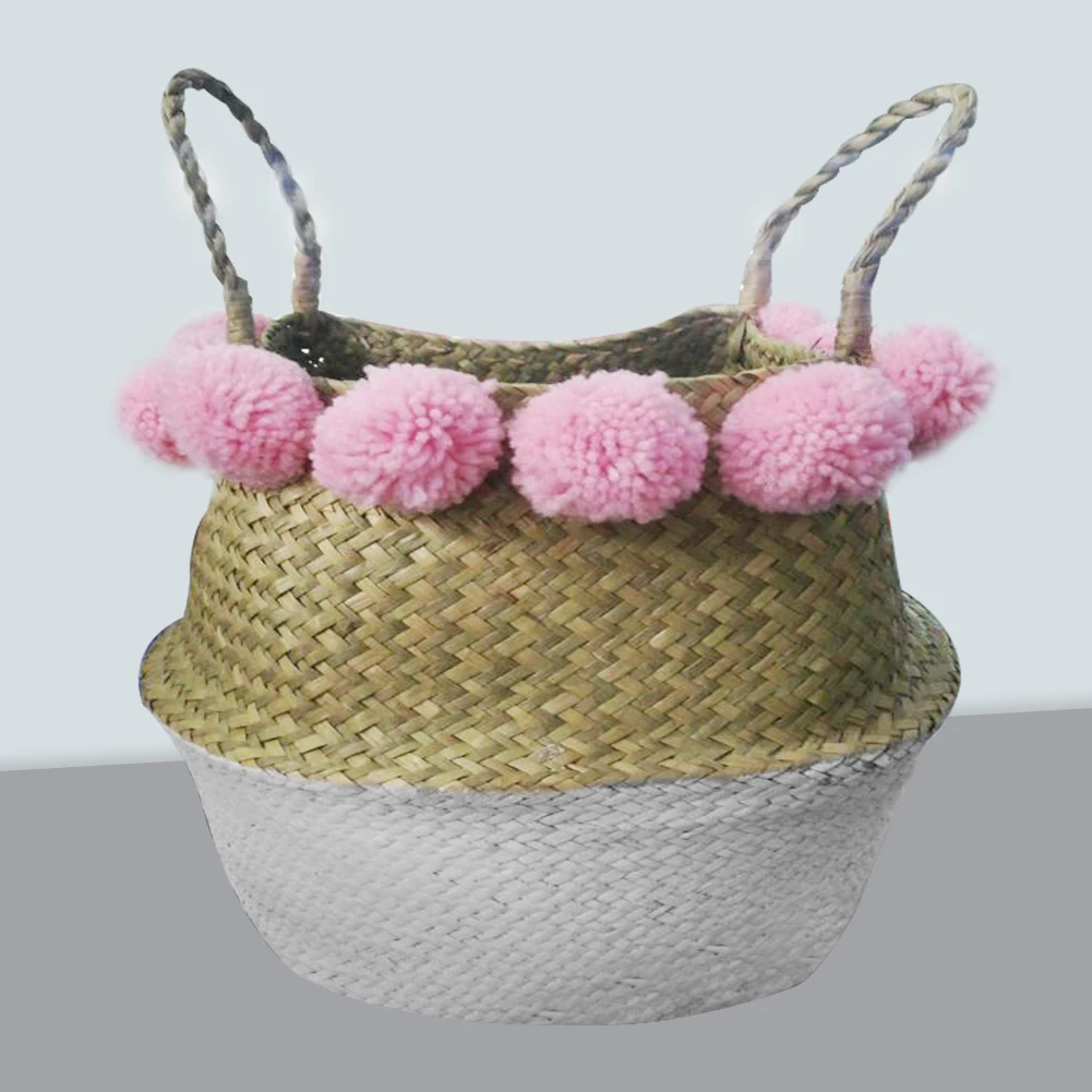 Розовый Натуральная Seagrass декоративная винтажная корзина с ручкой для хранения белья пупка плантатор Pom Детская домашняя игрушка Складная - Цвет: Розовый
