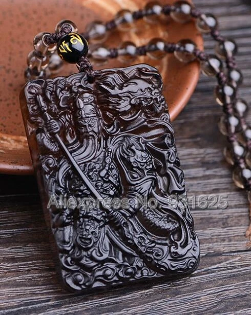 Chinese Handwork Natural Ice Clear Obsidian Carved Blessing GuanGong Amulet Lucky Pendant + Beads Necklace Fashion Jewelry | Украшения и
