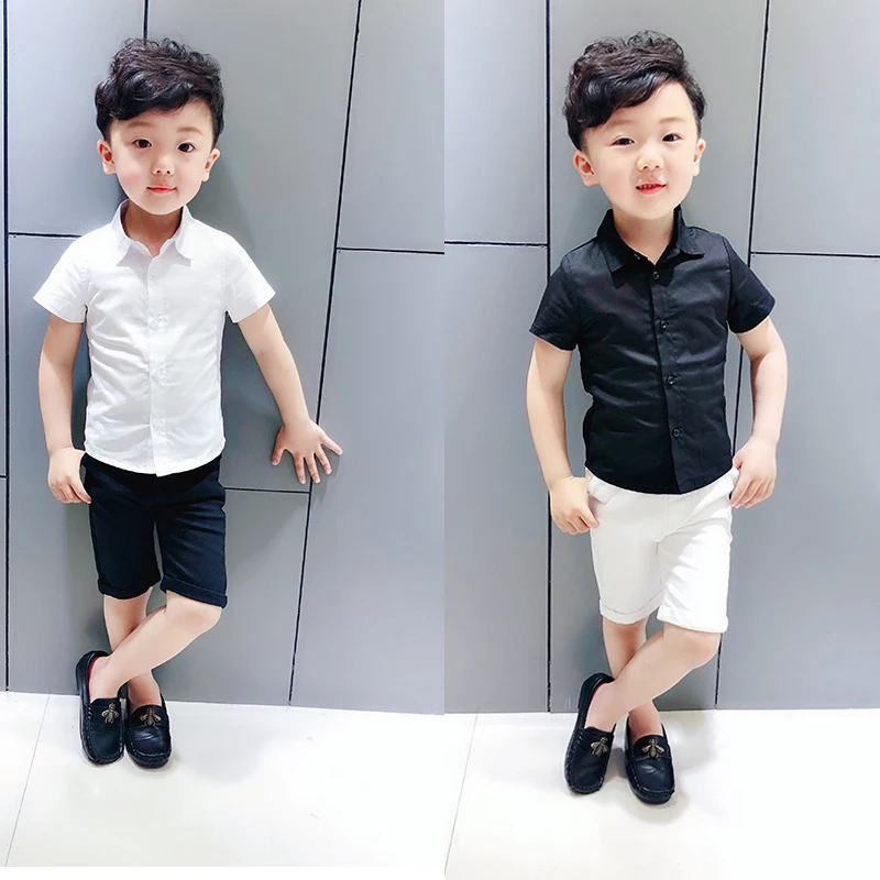 Baby Boy Shirts Summer 2018 Short Sleeve Cotton White for Boys Handsome Wedding Party Gentleman Top England Style |