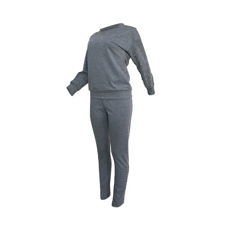 FENGGUILAI новые модные комплекты из 2 предметов синие Черные женские костюмы повседневные топы с жемчугом и круглым вырезом+ штаны комплект из двух предметов набор для бегунов
