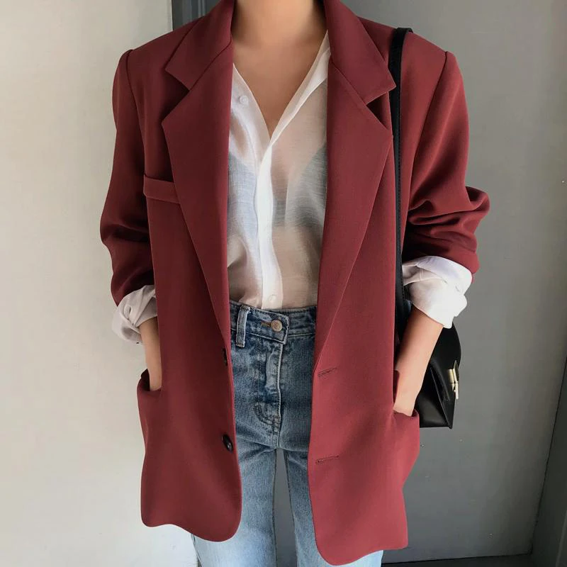 

U-SWEAR Vintage Red Single Button Women Blazer Jacket Spring High Street Long Sleeve Notched Collar Female Casual Outwear