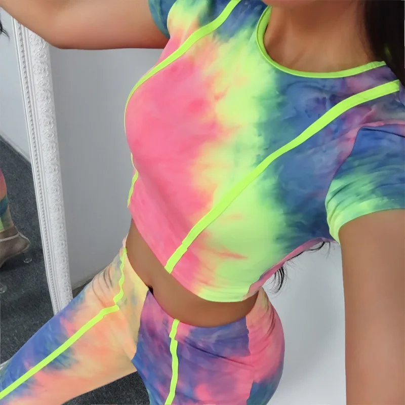 Yoga Sets Woman Sportswear Short Sleeve Crop Tops High Waist Skinny Leggings Summer Female Print Patchwork Casual Clothes |