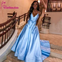 vestidos de gala v neck prom dresses 2020 with pockets satin spaghetti straps prom gown robe de soiree