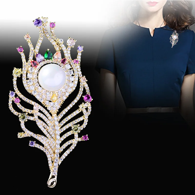 Elegant Cubic Zircon Pearl Feather Brooch Pin Women Party Bridal Wedding Jewelry 3175 | Украшения и аксессуары