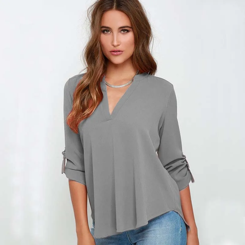 Женская шифоновая блузка размера плюс Повседневная Свободная офисная с v