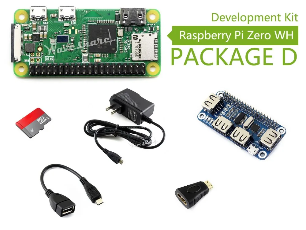 Pi Zero WH Package D including mini PC Raspberry Pi Zero WH Mini HDMI-compatible to HDMI-compatible Adapter USB HUB HAT SD Card