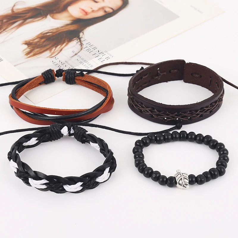 4pcs/set hippie punk black red dark brown leather braiding rope leaf charm onyx beads stackable Bracelets Bangles for man | Украшения и