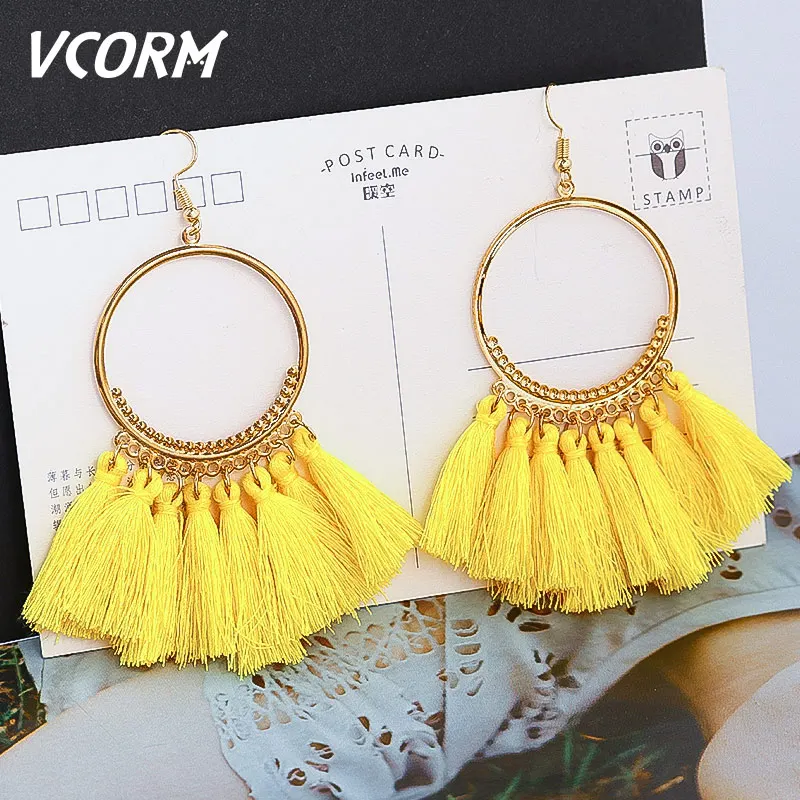 Yellow 4 VCORM богемные большие висячие серьги с кисточками для женщин модные ювелирные серьги Роскошные серьги с бахромой из хлопка и шелка - Окраска металла: Yellow 4