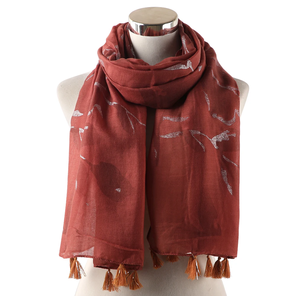 

Winfox Fashion Casual Long Soft Wrap Scarf Female Pink Grey Leaf Printed Tassel Scarves Women Spring Beach Shawl Ladies