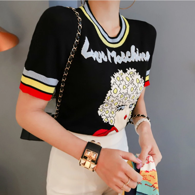 2018 Runway Summer Autumn O-neck Pullover Female Striped Sweater Newest Women's Knitted Tops Girl Letters Short Sleeve Sweaters | Женская