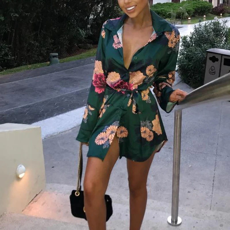 

Women Summer Long Sleeve Floral Evening Party Casual Beach Short Mini Dress