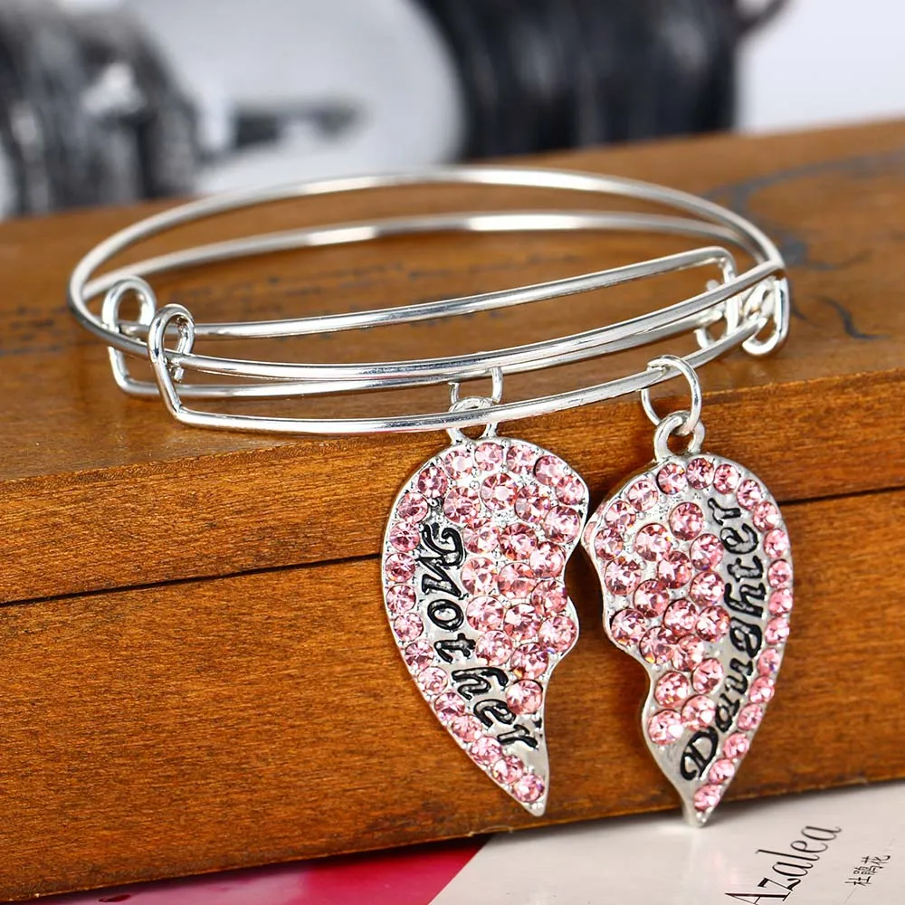 2X Pink Heart Bangle Mother And Daughter Crystal Charm Bracelet For Women Jewelry Best Friends Christams Gifts BFF | Украшения и