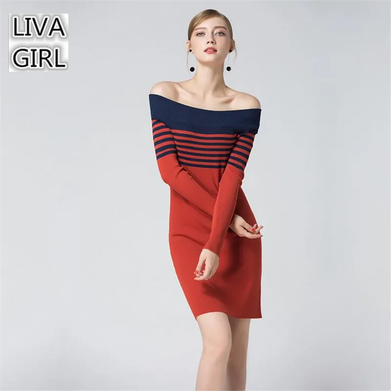 Мода Осень свитер с открытым плечом платье 2017 Высокое качество длинный рукав