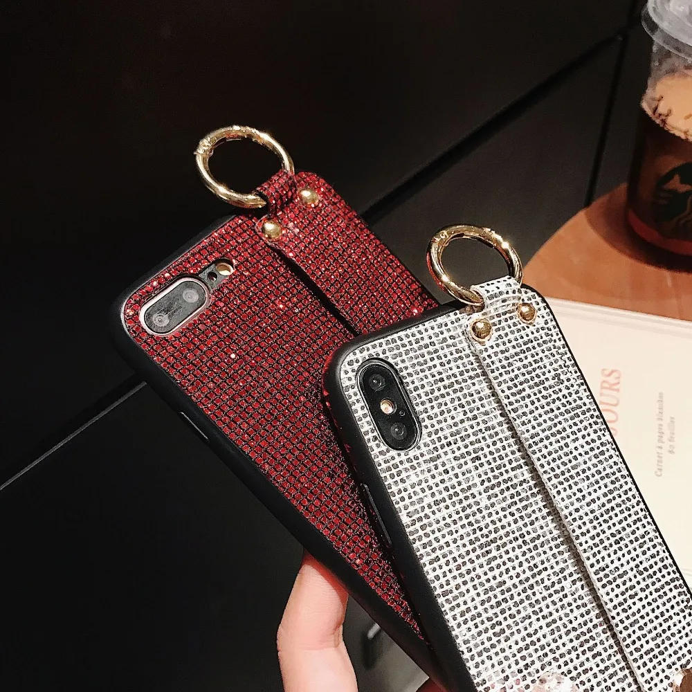 Case For iPhone Xr X Xs Max Cover Luxury Glitter Lattice Sequins Girly Wristband Stand Cases 7 8 Plus 6S |