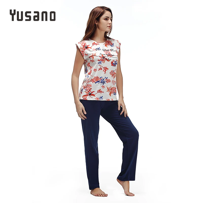 Yusano Cotton Pajamas Women Floral O neck Sleepwear for Girl Sleeveless Top & Long Pants Soft Pijama Feminino Inverno 2017|cotton pajamas|cotton