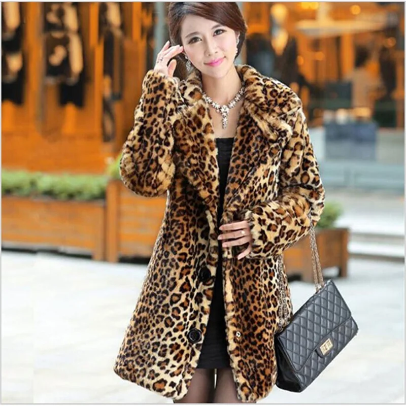 

Hot-sellin Winter Women Plus Size Leopard Fur Side Pockets XS-XXL Vintage Elegant Warm Coat Fashion Warm Outwear Casaco De Pele