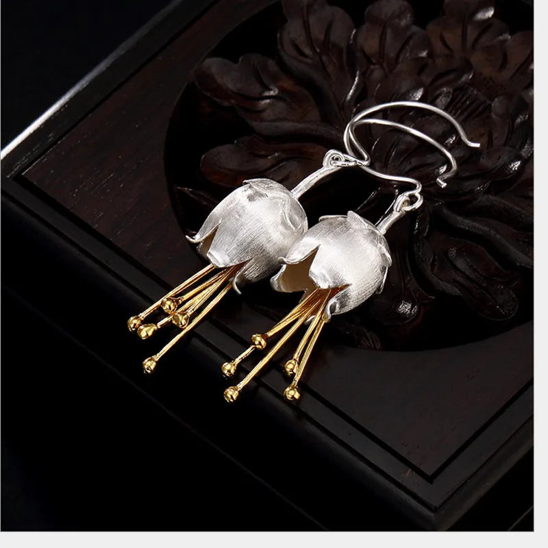 

Uglyless S 925 Sterling Silver Handmade Carved Convallaria Lily Dangle Earrings Women Elegant Flower Brincos Jewelry Fine Bijoux