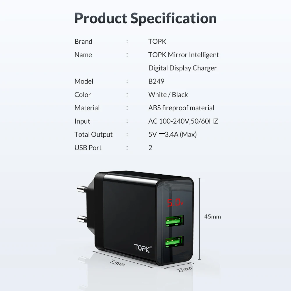 TOPK B249 светодиодный цифровой Дисплей Dual USB Wall Зарядное устройство для iphonexs XiaoMi Mi9