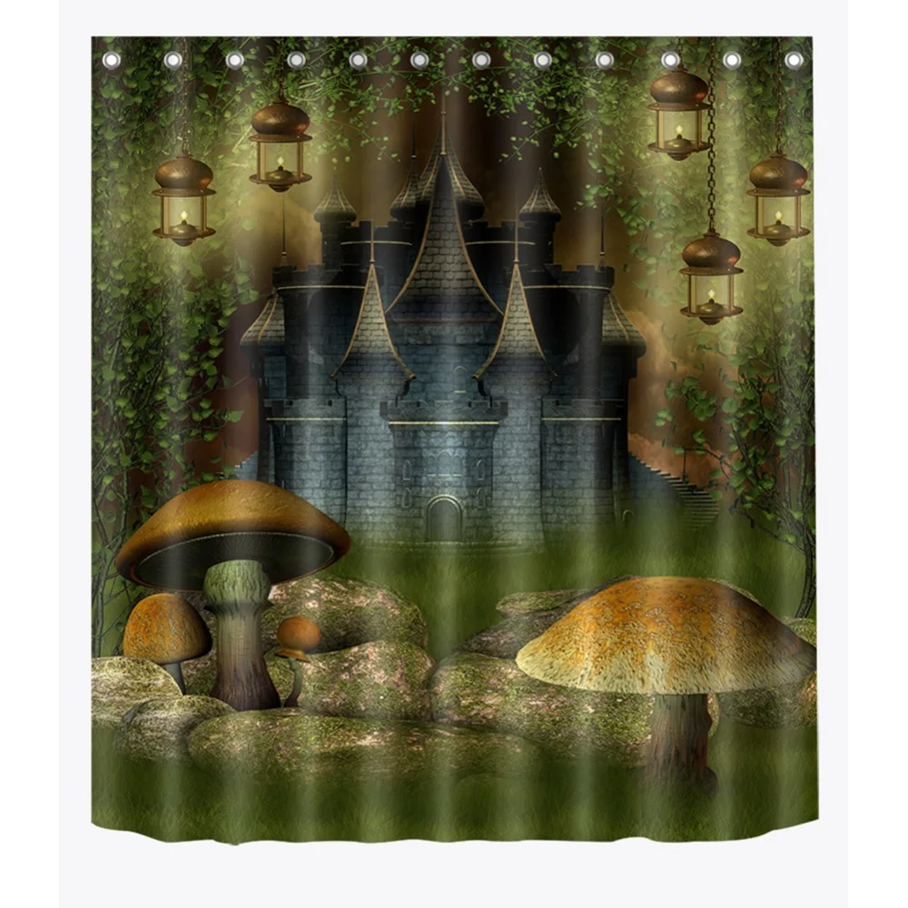 

72'' Bathroom Waterproof Fabric Shower Curtain Polyester 12 Hooks Bath Accessory Sets Gloomy Castle In Forest Mushroom Halloween