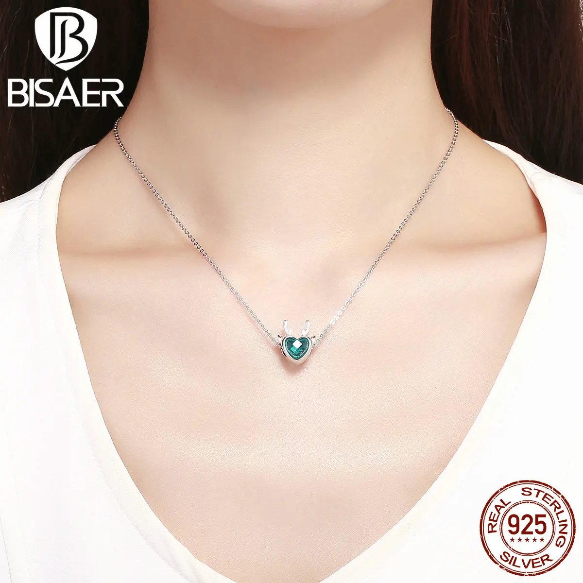 

BISAER Christmas Gift 925 Sterling Silver Christmas Deer Elk Light Blue Heart Beads fit Original Silver 925 Jewelry ECC1022