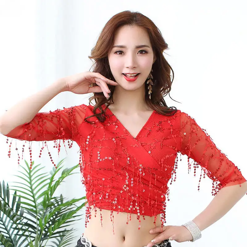 red silver sequins Новая женская Одежда для танцев, костюм, аксессуары, эластичная сетчатая основа с блестками и бахромой, блестящие топы для танца живота, одежда класса - Цвет: red silver sequins