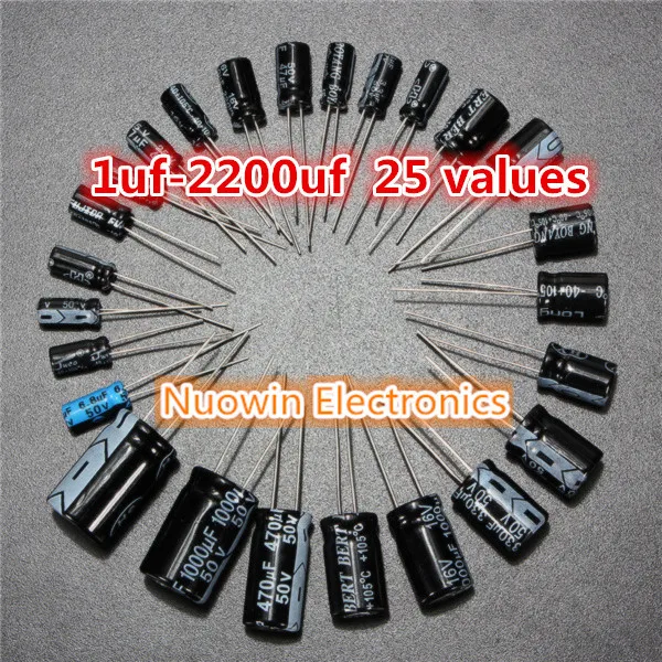 High Quality 1uF~2200uF 25 values *5 pcs=125 pcs Electrolytic Capacitors Assortment Kit Assorted Set