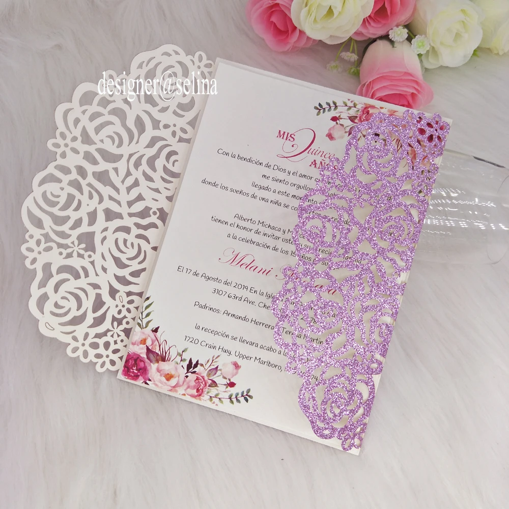 50 шт. роскошный фиолетовый блеск Лазерная резка свадебные пригласительные