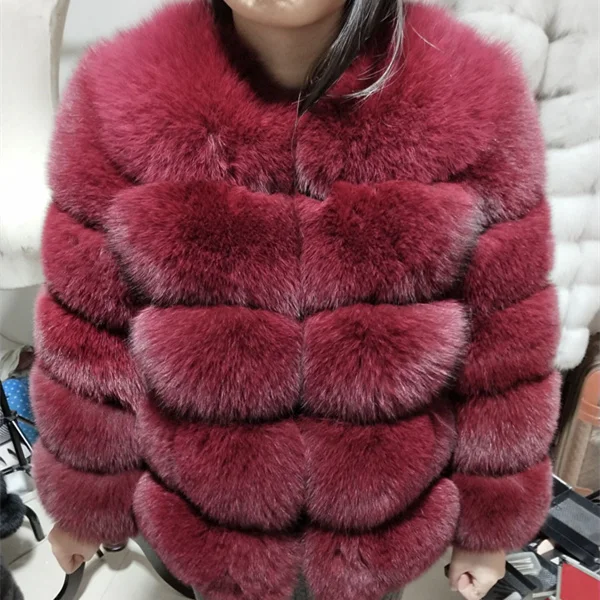 Wine red - collar Новая брендовая зимняя шуба из натурального Лисьего меха, толстая женская шуба из серебристого лисьего меха, шуба из лисьего меха с воротником - Цвет: Wine red - collar