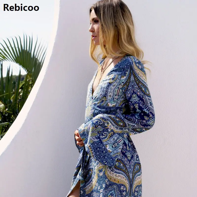 Boho для женщин макси длинное платье в винтажном стиле с принтом расклешенными