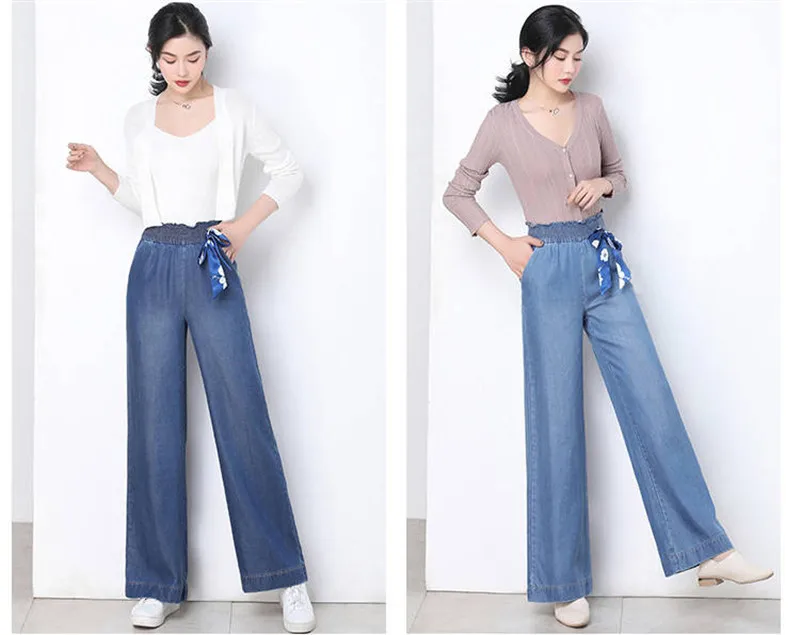 Женские джинсы больших размеров 4XL из Tencel, повседневные свободные джинсы с высокой талией и широкими штанинами, эластичные Широкие штаны с бантом на талии, летние джинсовые штаны для мам