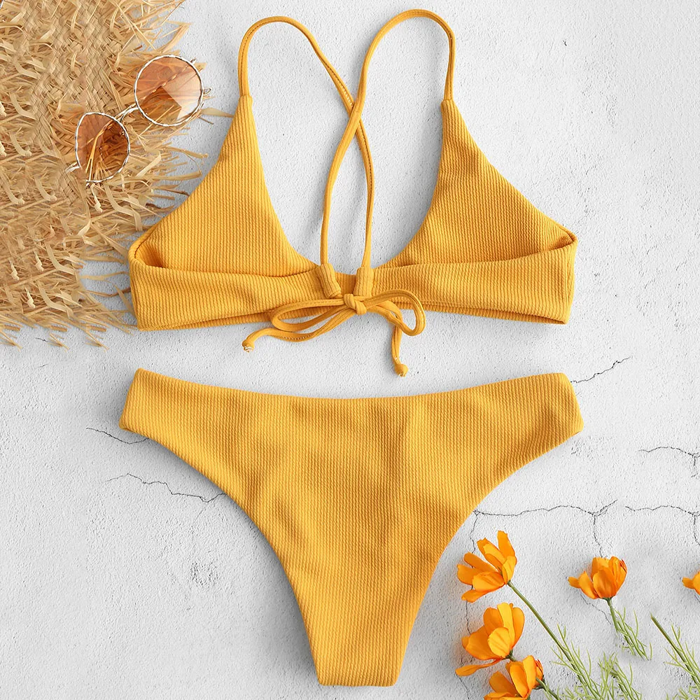 Женский купальник Бикини на бретельках ZAFUL однотонный с перекрестными ремешками