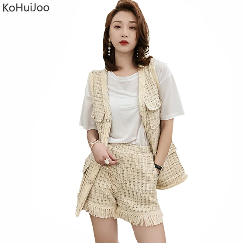 KoHuiJoo летние твидовые шорты наборы для женщин модные однотонные кнопки