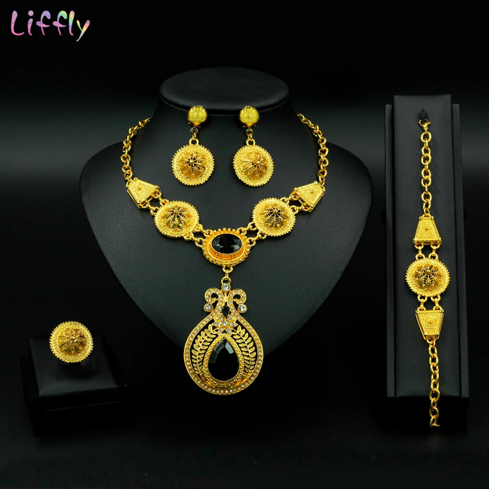 

Liffly Dubai Gold Jewelry Sets for Women Nigerian Wedding Costume Brand Necklace Earrings Ring Bridal Jewelry Set