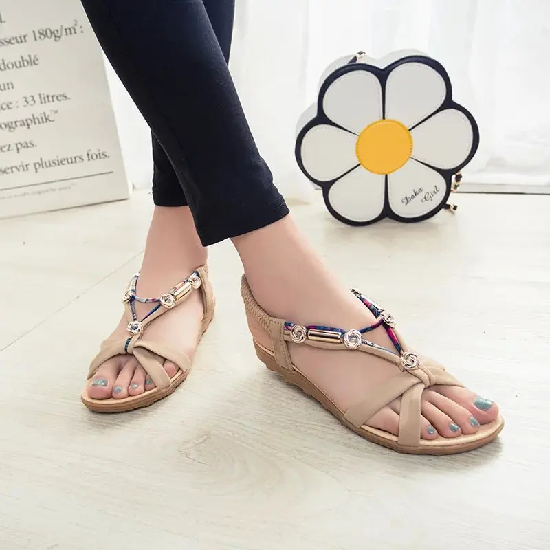 sweet Brand women shoes woman sandals Ankle-Wrap Flock Elastic band Floral Front &amp Rear Strap Flat with String Bead A465A | Обувь