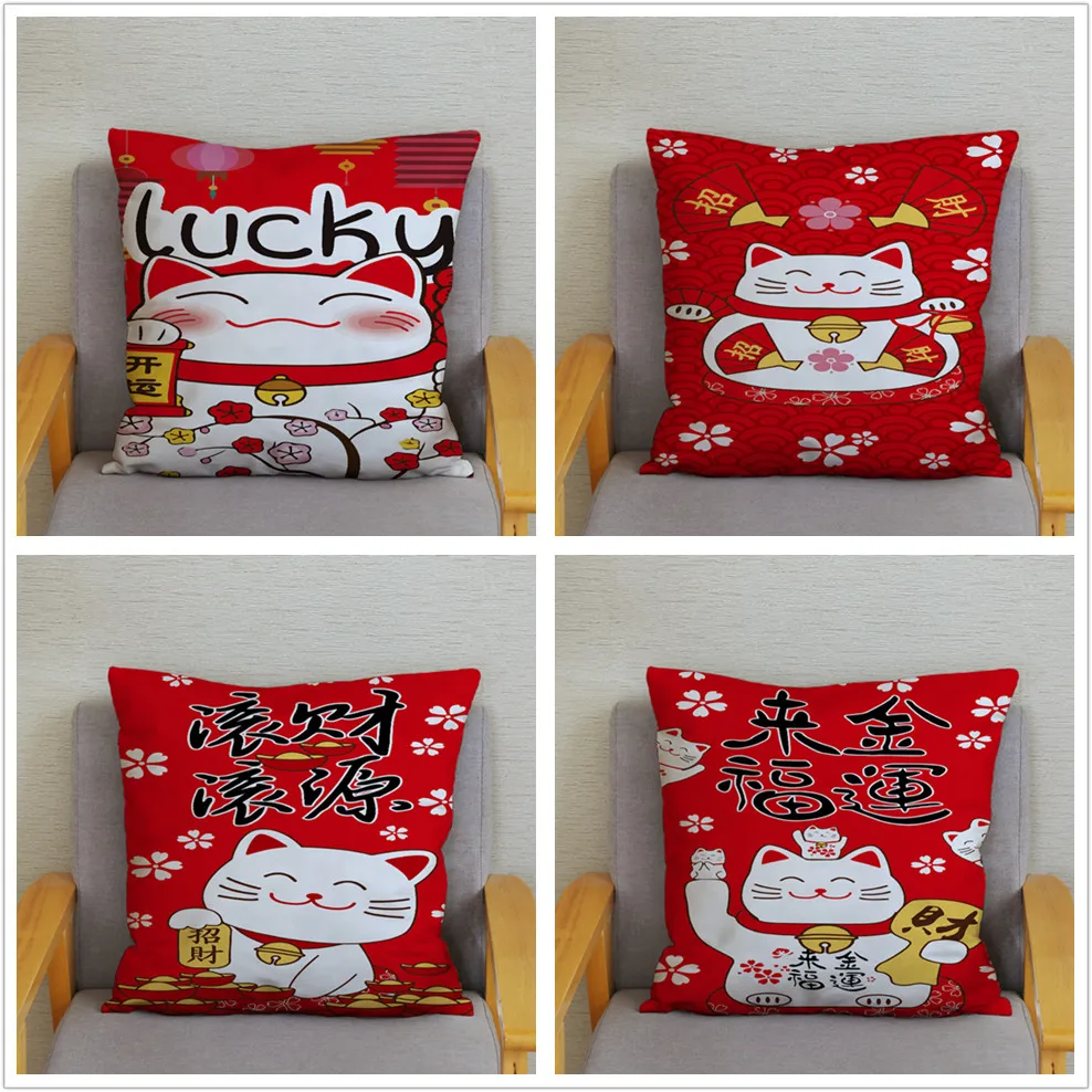Super Soft Short Plush Cushion Cover Red 45*45cm Throw Pillow Covers Lucky Cat Print Pillows Cases Sofa Home Decor Pillowcase | Дом и сад