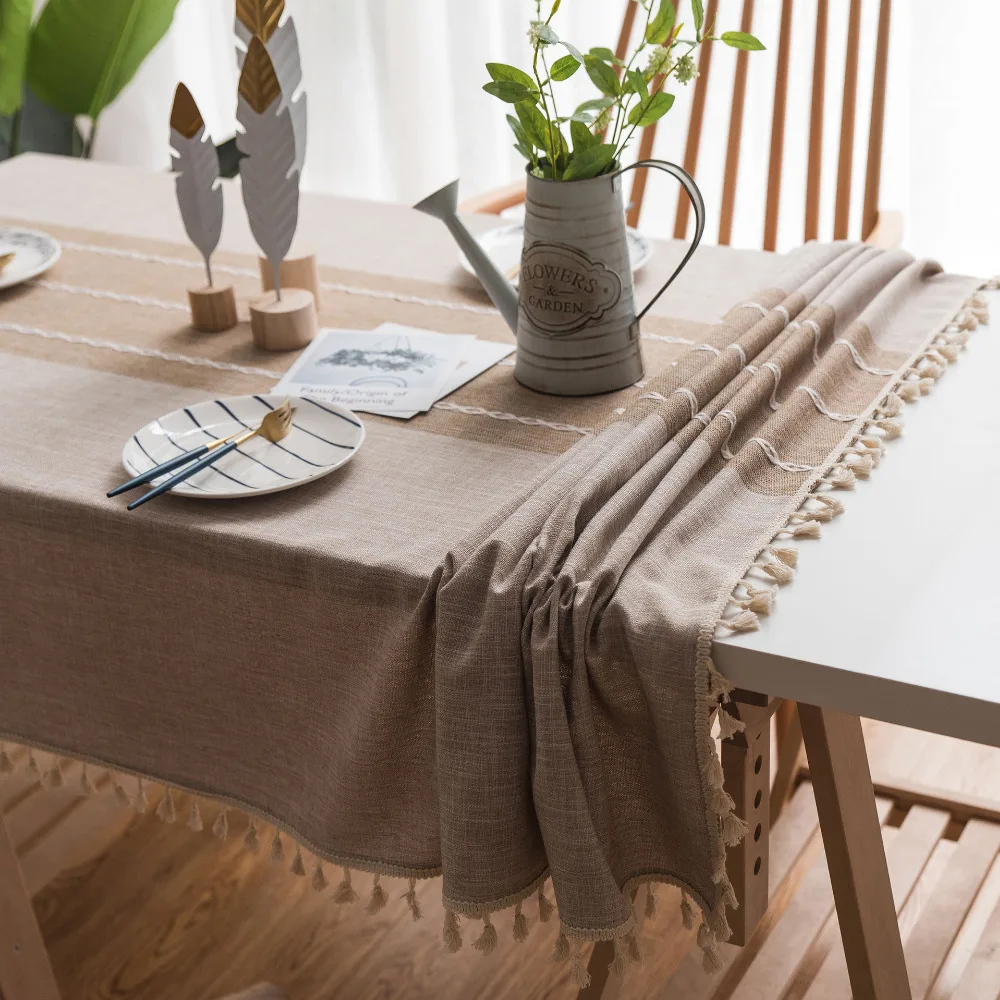 

2020 New Korean style Linen Cotton Tablecloth Coffee blue 5 colors Embroidered Lace Fringed Rectangle Dining table cloth textile