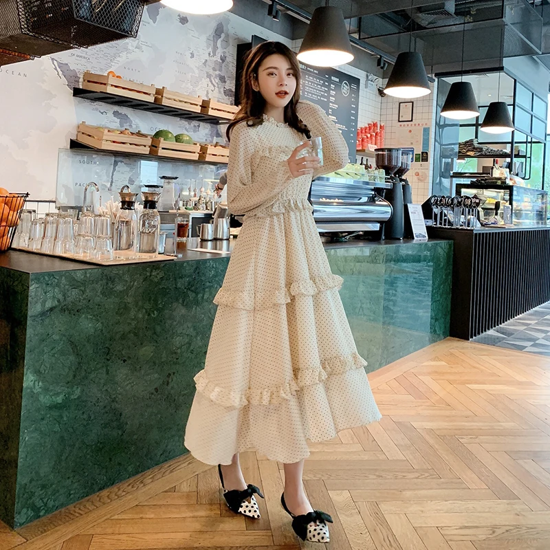 Новинка 2019 года весеннее платье в горошек с высокой талией Корейском стиле