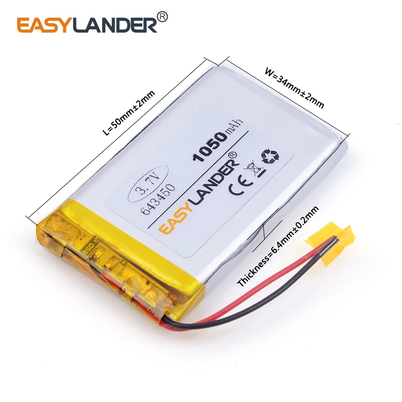 Лучший размер батареи 643450 3 7 V 1050mah литий-полимерный аккумулятор с защитной доской