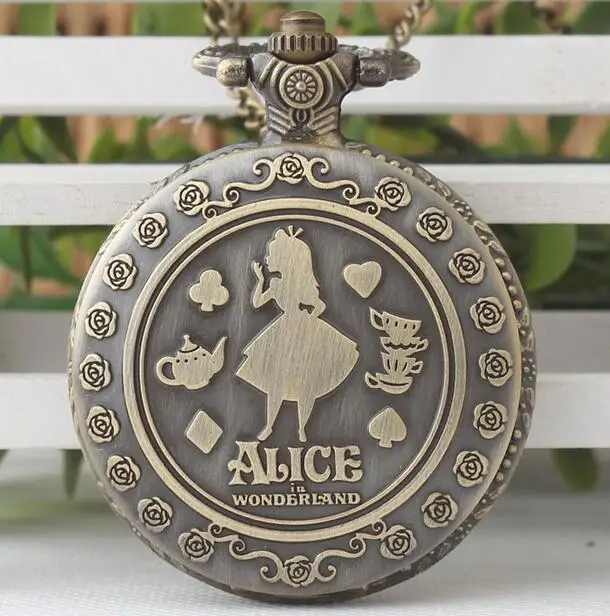 Vintage Copper Pocket Watch Alice in Wonderland Cut Pattern Fashion Modern Flower Retro Necklace Women Kids Birthday Xmas Gifts