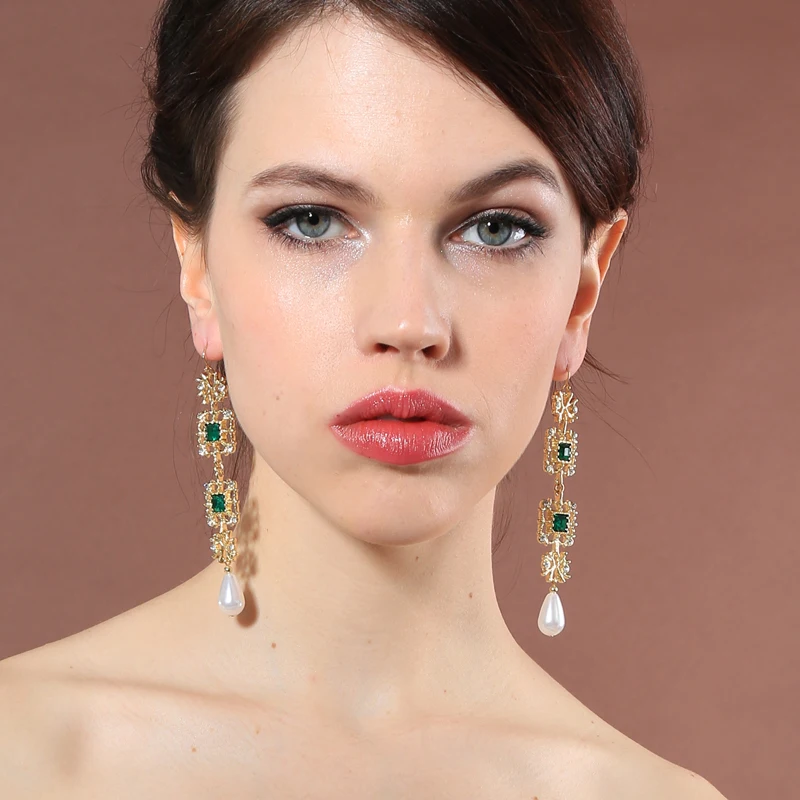 Long Style Simulated Pearl Drop Filigree Green Earrings 2018 Brincos Fashion Geometric Party for Women | Украшения и аксессуары