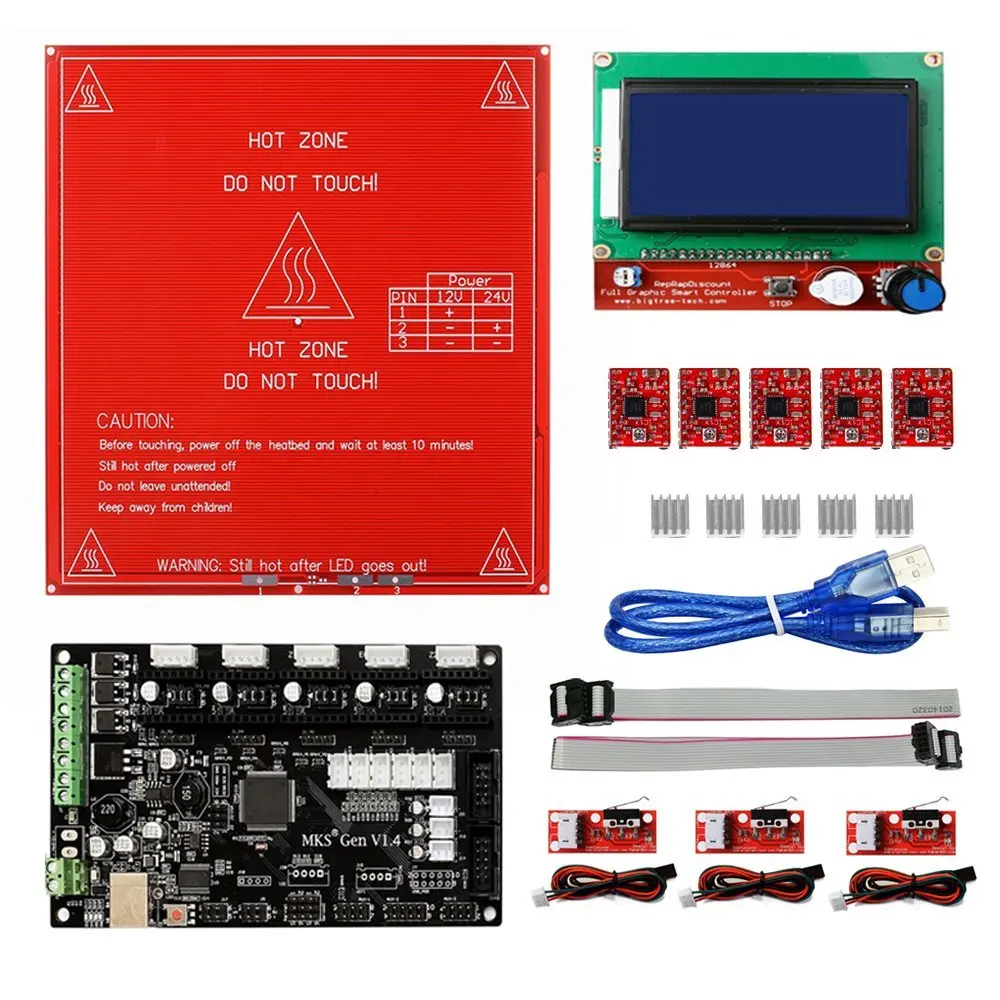 MKS Gen V1.4 RepRap Ramps1.4 +12864 Smart LCD Display +Heated Bed+5PCS A4988 Stepper Motor Driver+3PCS Mechanical Endstop Switch |